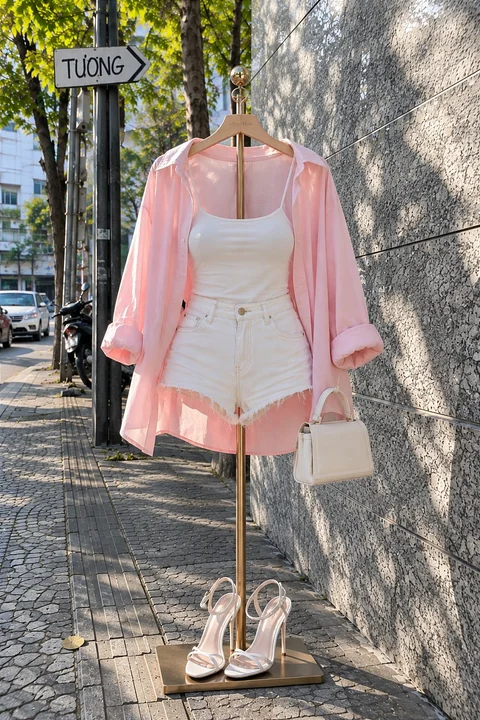 A pink shirt, white camisole and white shorts are displayed on a clothing stand beside a sunlit wall, with a small bag and heeled sandals.