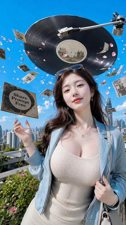 A woman in pale clothing poses beneath an oversized floating vinyl record against a bright blue urban sky.