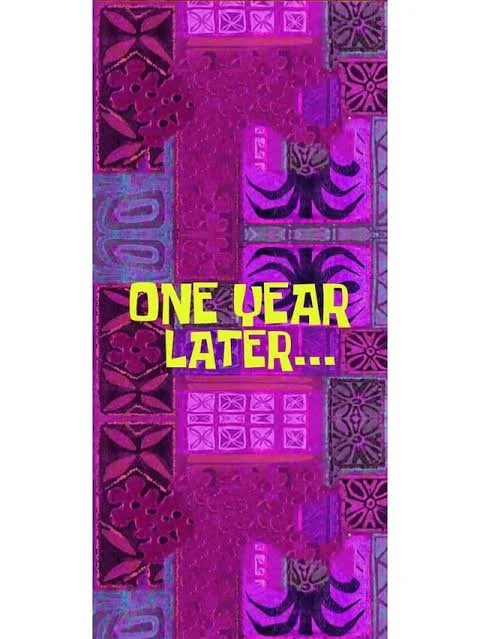 Yellow text reading One Year Later appears on a patterned magenta and purple background.