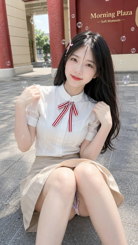 A person in a white blouse with a red ribbon and pale skirt sits on outdoor stone steps.