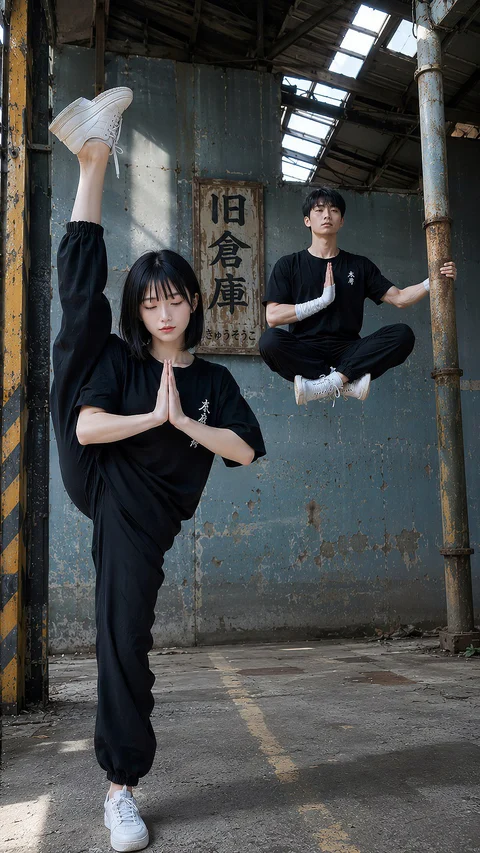Black-clad figures perform elevated martial arts poses inside a tall industrial hall.