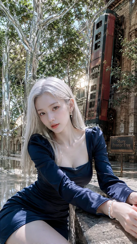 A pale-haired woman in a dark blue outfit sits beside stonework in a leafy courtyard.