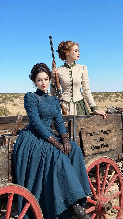 Two women in long period-style dresses pose beside a wooden cart in an open dry landscape.