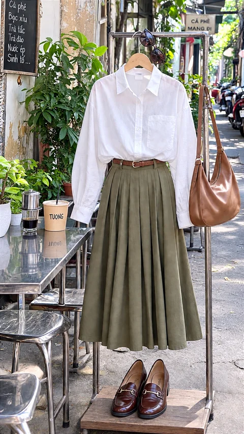 A white blouse, olive pleated skirt, brown belt, brown loafers and tan handbag are arranged on a stand outside a cafe.