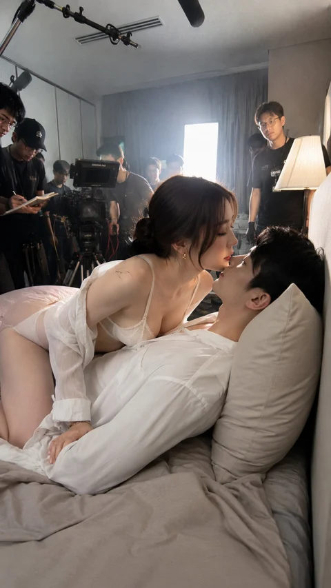 A couple leans toward one another on a bed while people and recording equipment are visible in the room behind them.