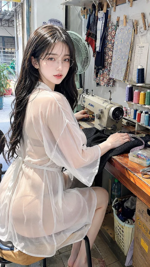A person in a loose white shirt looks toward the camera while seated at a sewing machine beside shelves of colorful thread.