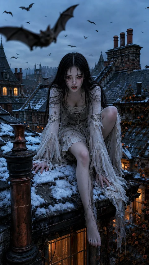 A dark-haired woman in a tattered pale dress sits above snow-dusted rooftops as bats fly through the blue night sky.