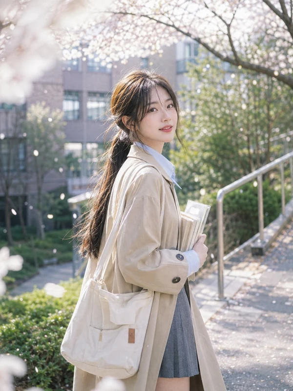 Spring portrait beside a blossom-lined stairway
