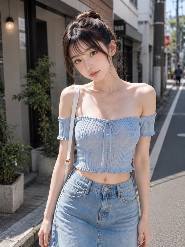 Denim skirt portrait on a sunny street